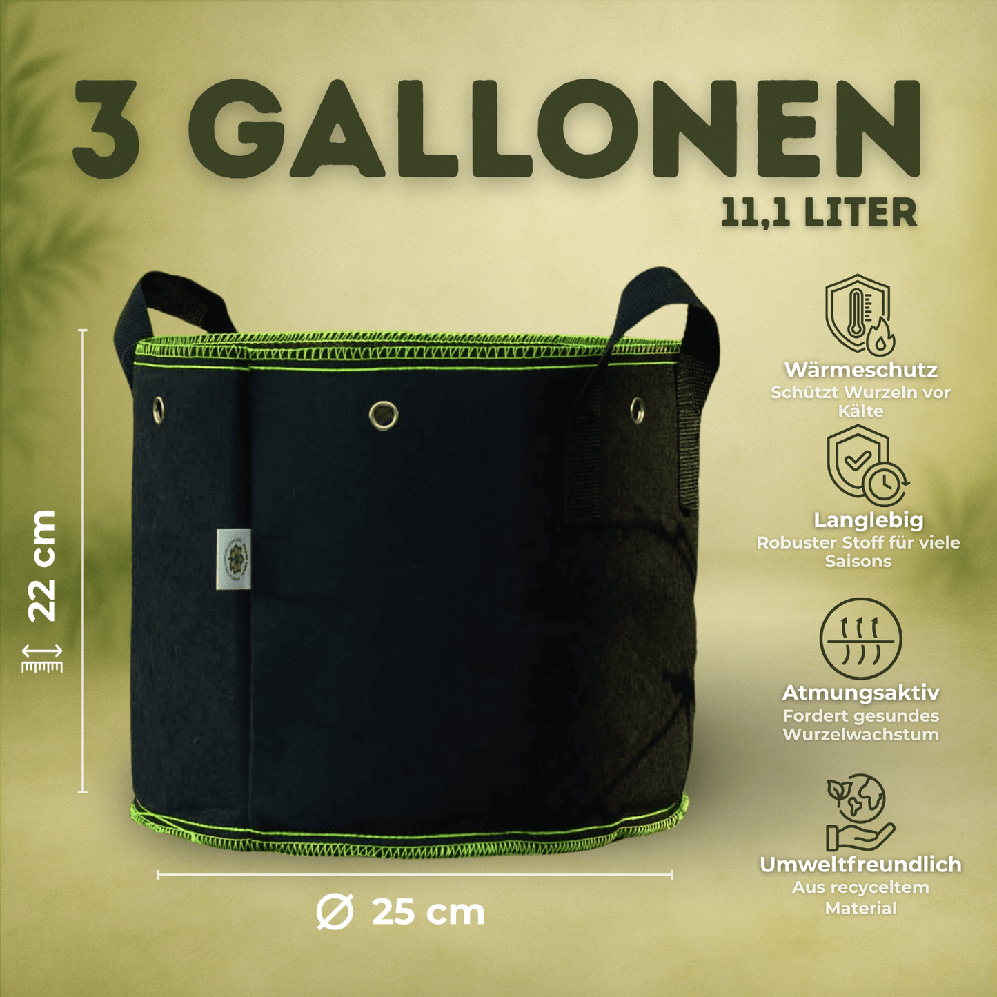 Pflanzsack 11 L (10er-Set) – Atmungsaktiver Grow Bag Stofftopf – Wiederverwendbar – Ideal für Kräuter, Setzlinge & kleine Pflanzen