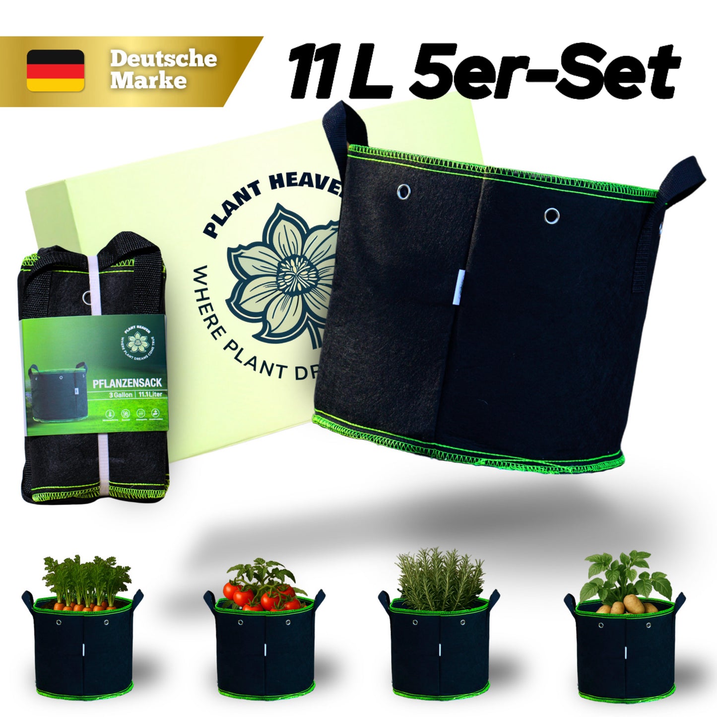 Pflanzsack 11 L (5er-Set) – Atmungsaktiver Grow Bag Stofftopf – Wiederverwendbar – Ideal für Kräuter, Setzlinge & kleine Pflanzen
