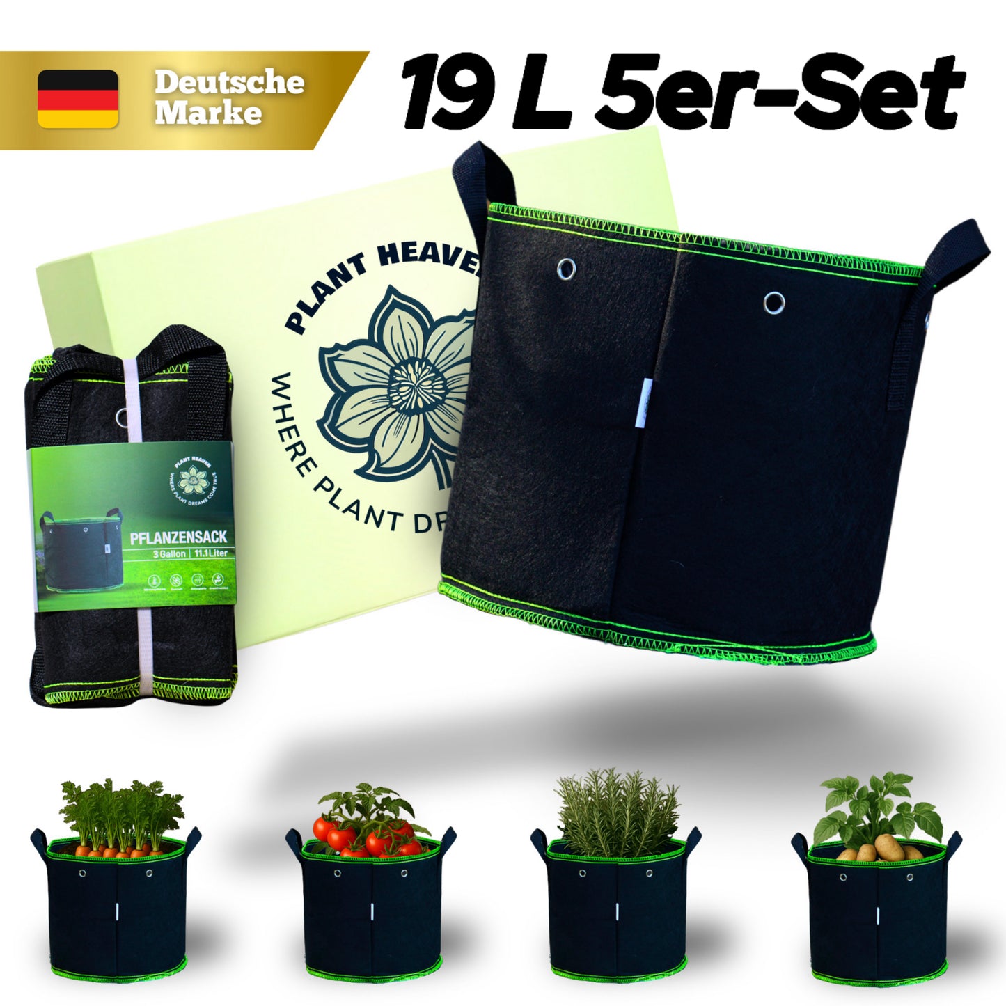 Pflanzsack 19 L (5er-Set) – Atmungsaktiver Grow Bag Stofftopf – Wiederverwendbar & robust – Für Gemüse, Blumen & mittelgroße Pflanzen