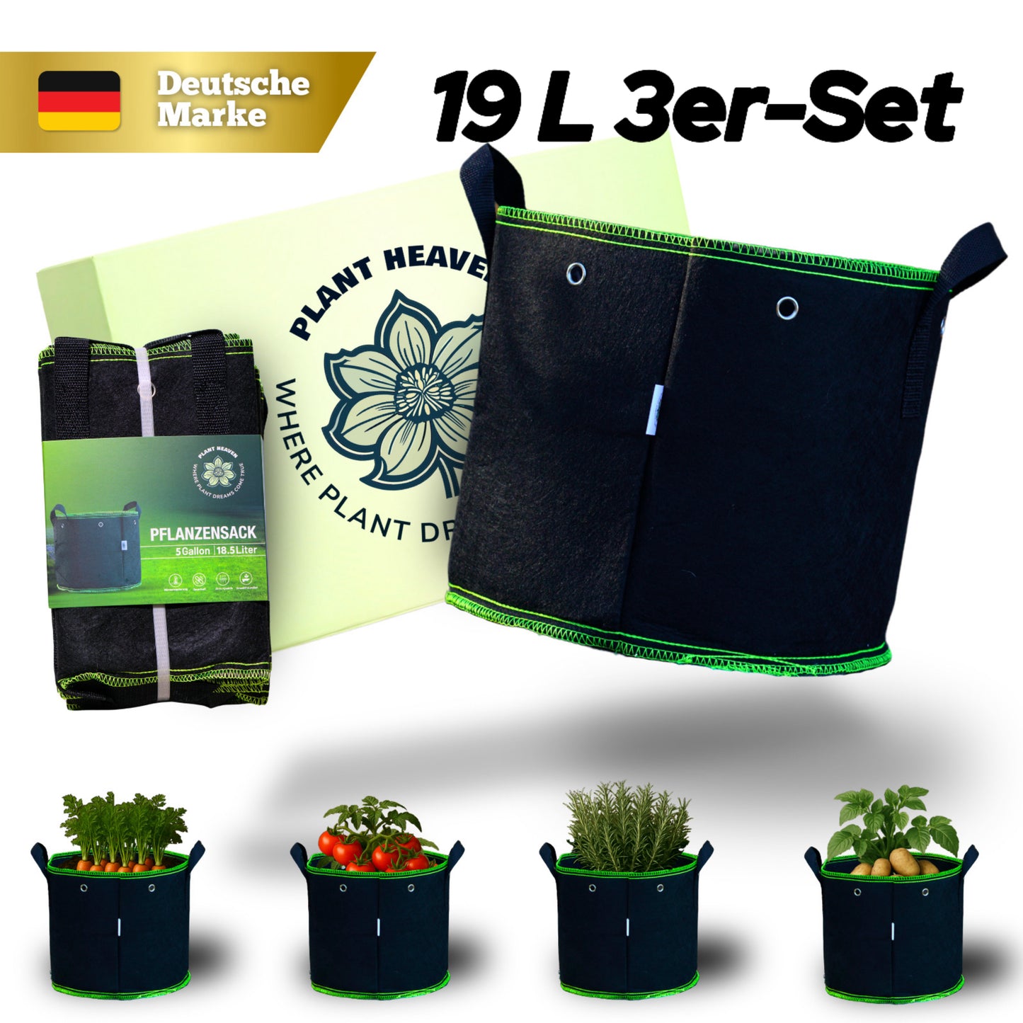 Pflanzsack 19 L (3er-Set) – Atmungsaktiver Grow Bag Stofftopf – Wiederverwendbar & robust – Für Gemüse, Blumen & mittelgroße Pflanzen