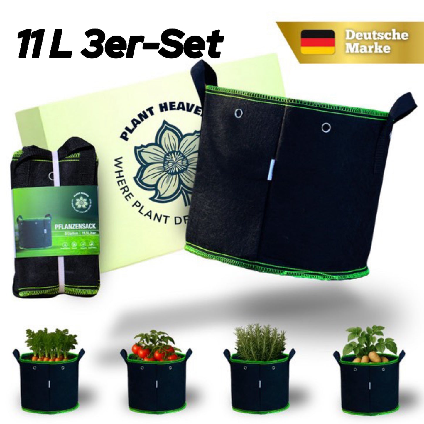 Pflanzsack 11 L (3er-Set) – Atmungsaktiver Grow Bag Stofftopf – Wiederverwendbar – Ideal für Kräuter, Setzlinge & kleine Pflanzen