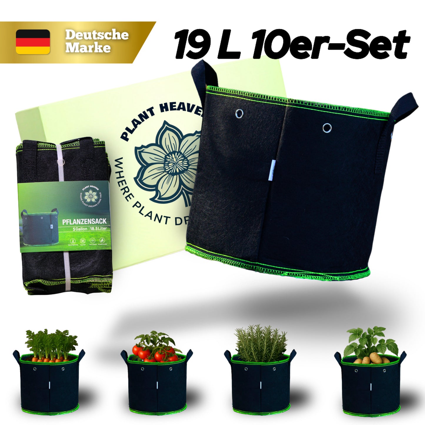 Pflanzsack 19 L (10er-Set) – Atmungsaktiver Grow Bag Stofftopf – Wiederverwendbar & robust – Für Gemüse, Blumen & mittelgroße Pflanzen