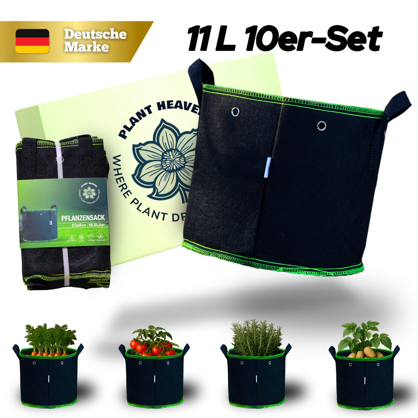 Pflanzsack 11 L (10er-Set) – Atmungsaktiver Grow Bag Stofftopf – Wiederverwendbar – Ideal für Kräuter, Setzlinge & kleine Pflanzen